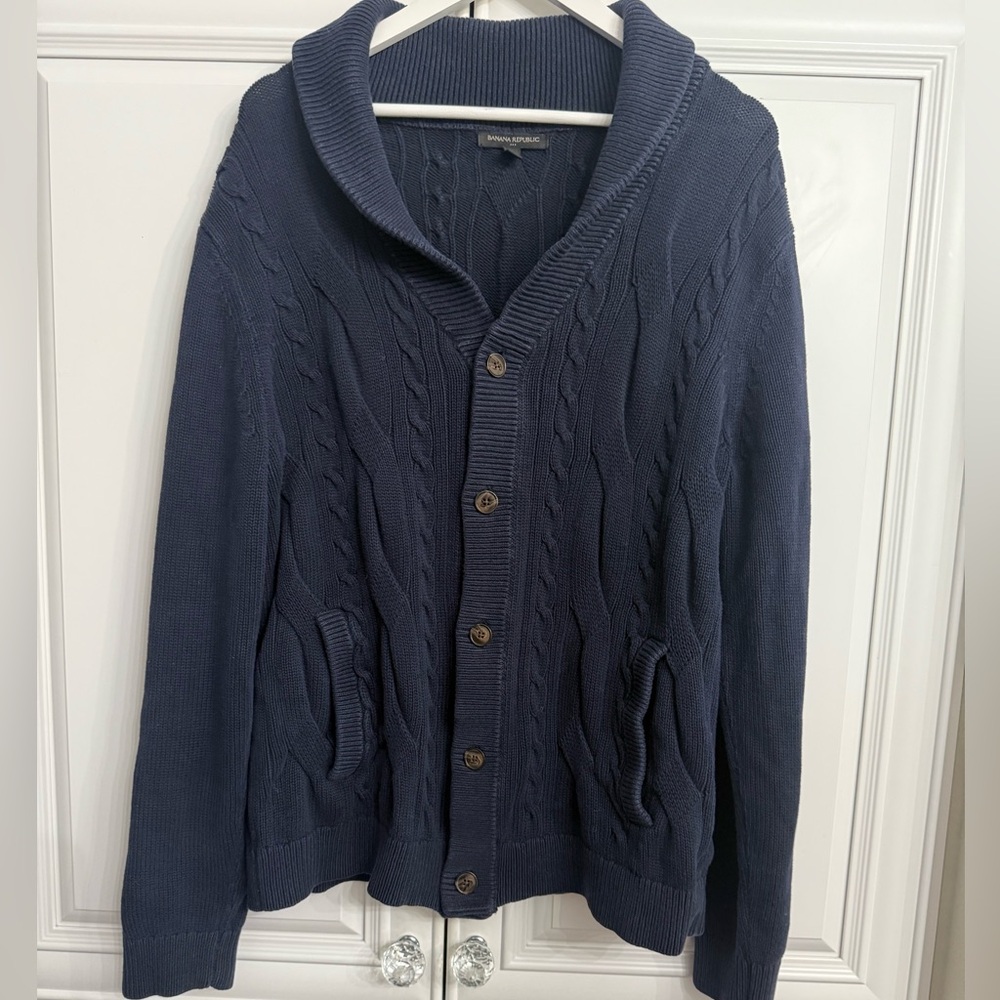 Banana Republic Factory Men's L Navy Cable Knit Cardigan Shawl Collar Pockets